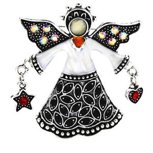 Women's Brooch Christmas Angel Holding Heart & Star Enamel & Rhinestones Retro